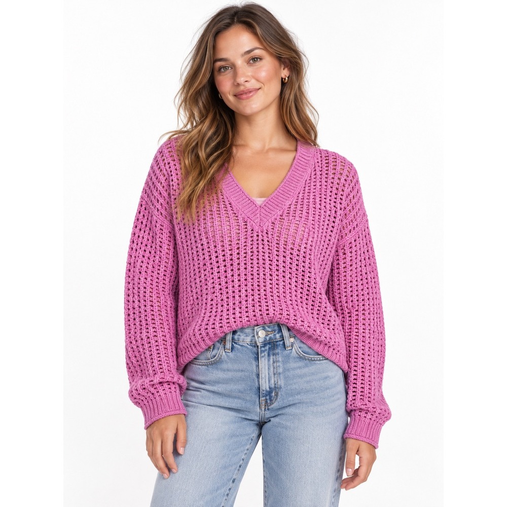 Madewell Womens S Pink Cotton Open-Stitch V-Neck Pullover Sweater Barbiecore